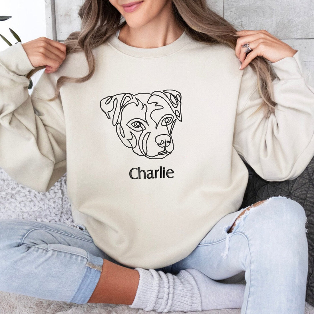 Personalized One Line Drawing Pet Embroidery Sweatshirt, Gift for Dog Mom , Memories pet gift, Embroidery T-shirt