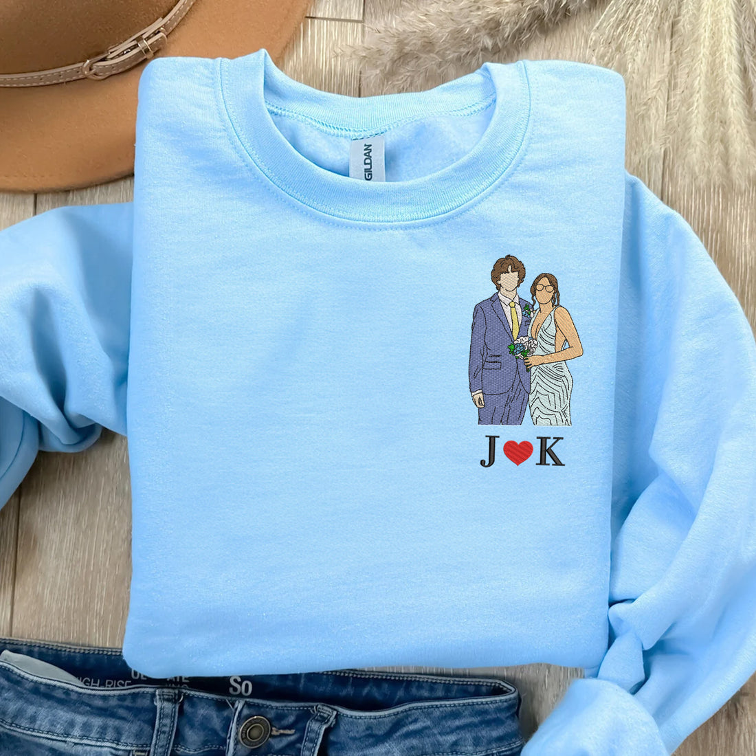 Custom Embroidered Couple Art Drawing Gift, Portrait From Photo, Embroidered Sweatshirt, Valentine Personalized, First Anniversary Gift